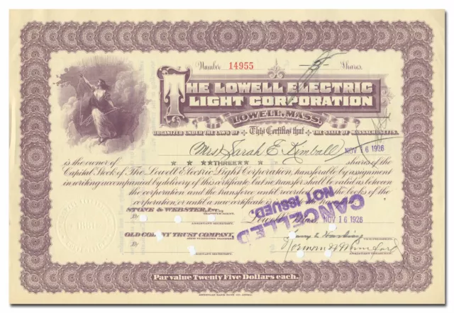 Lowell Electric Light Corporation Stock Certificate