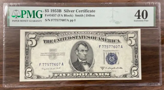 1953B $5 Silver Certificate Fr#1657 (FA Block) PMG 40 Extremely Fine