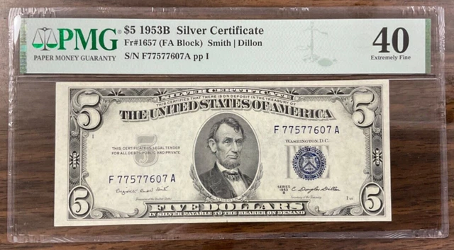 1953B $5 Silver Certificate Fr#1657 (FA Block) PMG 40 Extremely Fine