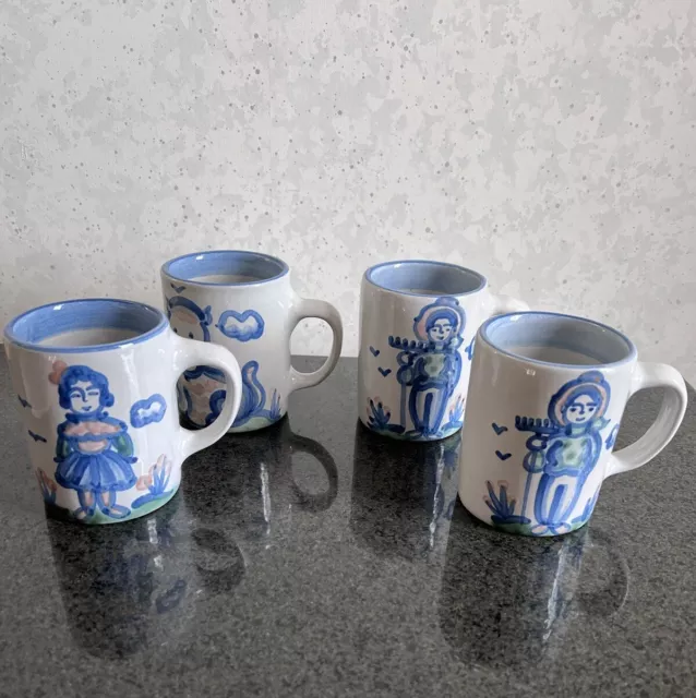 MA Hadley Coffee Mugs Country Scene Blue Farmer's Wife Farmer Cat Set of 4