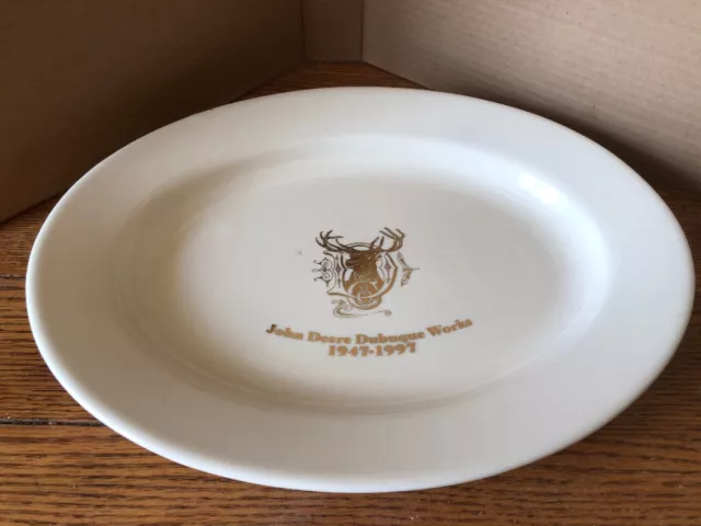 John Deere Serving Platter Plate Dubuque Works 50th Stoneware Ivory Gold Buck US