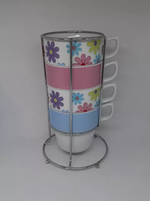 Tesco Porcelain Stacking Mug Set Floral Pink Blue Chrome Holder Mugs Spring Cups