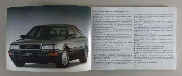 Mappa di Bordo + Istruzioni D'Uso Audi V8 Tipo D11 3,6 Litro Stand 02/1989 3