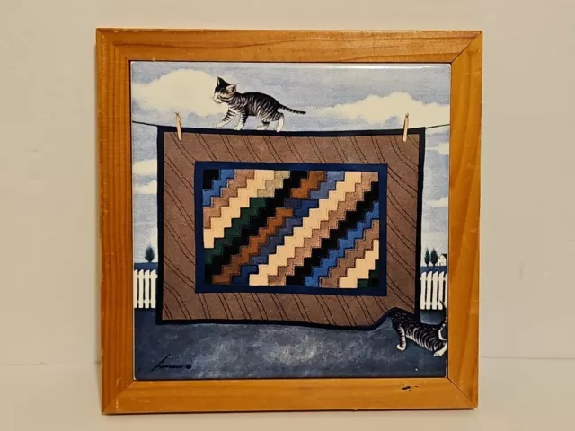 Lowell Herrero 1989 Vintage Framed Trivet Tile Cats With Quilt