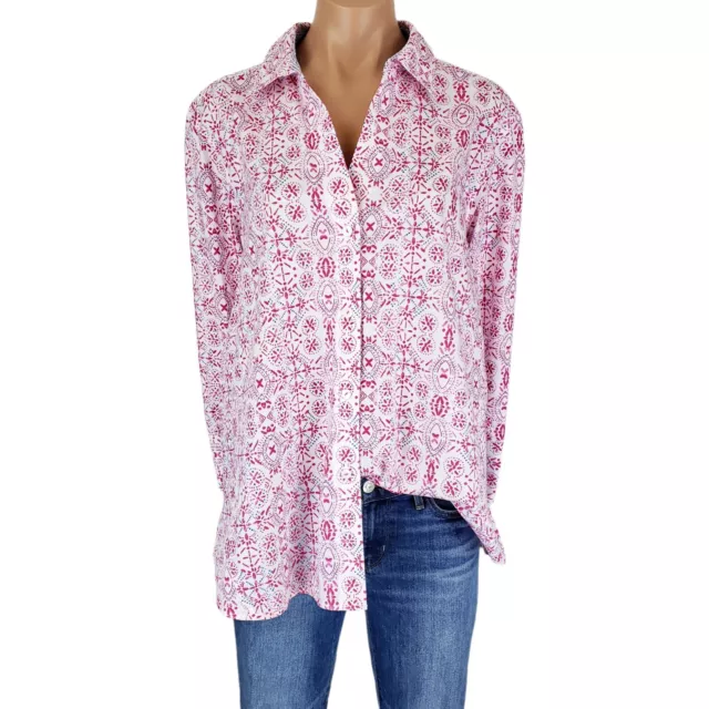 Foxcroft XXL Top Shirt Womens Plus Size 2XL Pink Printed Button Down Spring