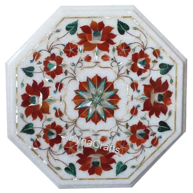 White Marble Coffee Table Top Carnelian Stone Inlay Work Bed side Table for Home
