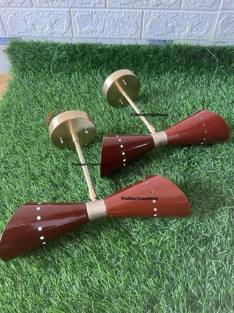 Coppia Italiano Moderno Rosso Anique Ottone Smalto Parete Lampade Metà Secolo