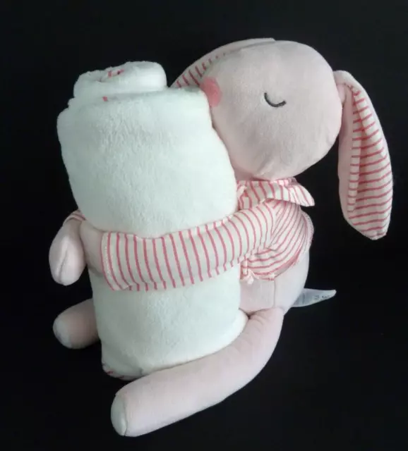 C5. DOUDOU PELUCHE OBAIBI LAPIN rose rayé blanc avec plaid scratch main - NEUF