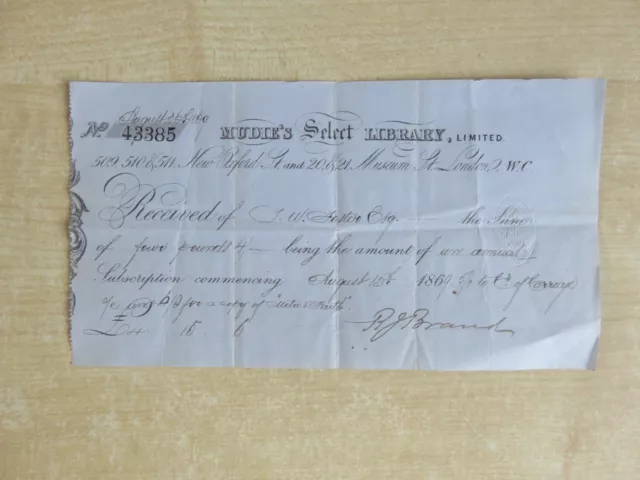 Mudie's Select Library 1869 Receipt.