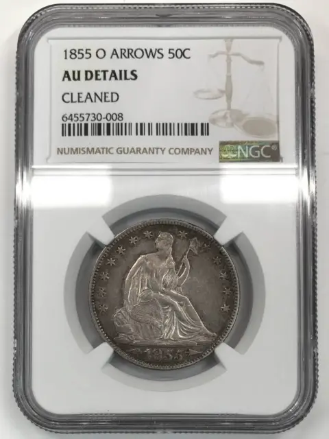 1855 O Arrows Seated Liberty Half Dollar NGC AU-Details (cleaned)