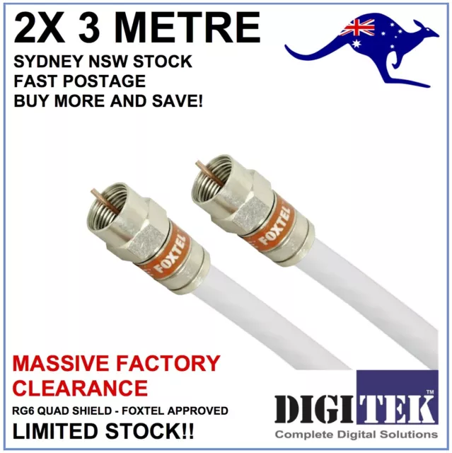 2x 3m RG6 Quad Shield White F-Type Coax Cable TV Foxtel Telstra Optus NBN HFC