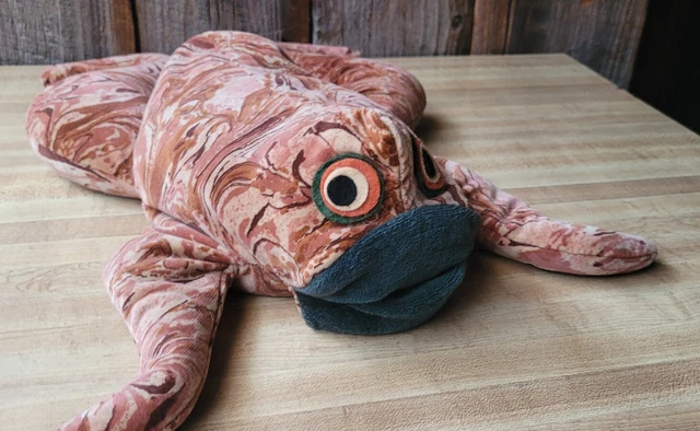 Vintage Psychedelic Beanbag Frog Plushie  Folk Art Boho Cottage Core. 18" Long