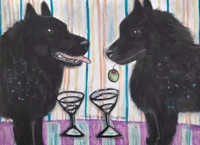 SCHIPPERKE Drinking a Martini 5 x 7 Art Print, dog art, home decor Artist KSAMS