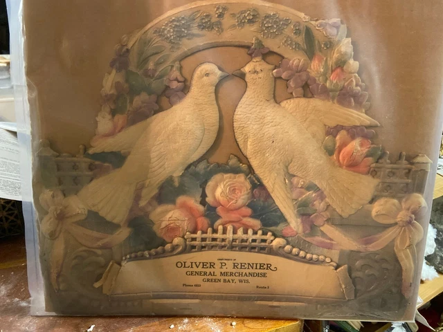 VTG Embossed Doves Compliment Oliver Renier General Merchandise Adv Green Bay Wi
