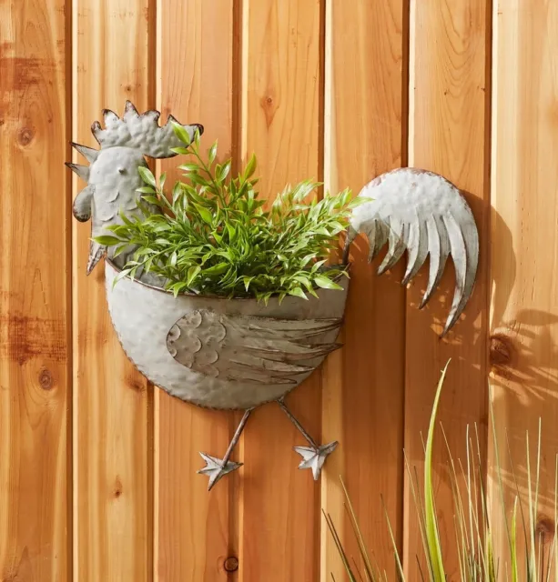 Galvanized Metal Country Wall Hanging Rooster Garden Flower Pot Plant Planter