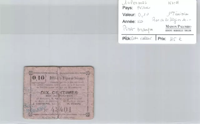 Ticket France - Good de La Area Solesmes Of 2 Francs - Density ND