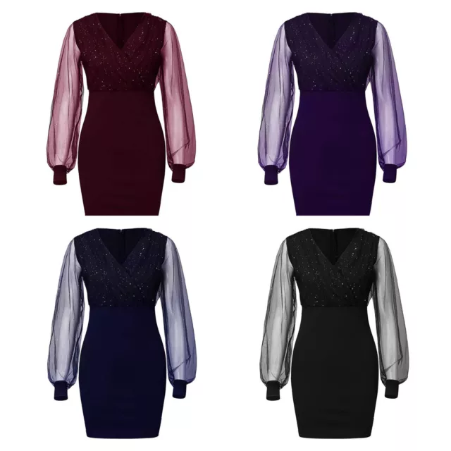 Womens Shiny Mesh Patchwork Long Sleeve Party Dress V Neck Ruched Bodycon Dress