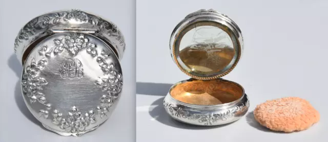 1906-20 Antique French 950 Silver & Vermeil Powder Box / Pill Box with Puff