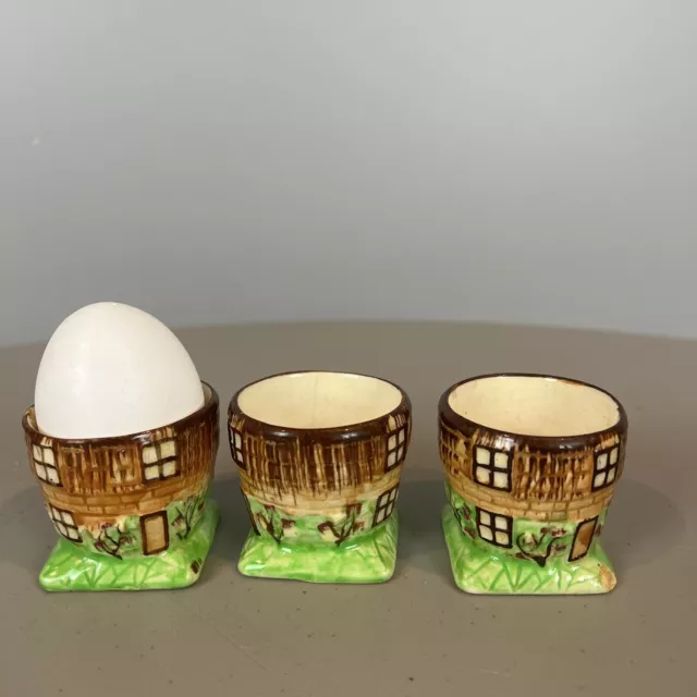 3 Egg Cups Windowed Buildings Houses Vintage Occupied Japan - READ