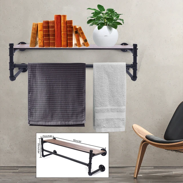 INDUSTRIAL GARMENT/TOWEL RACK with Wood Shelf Wall Mounted Clothing
