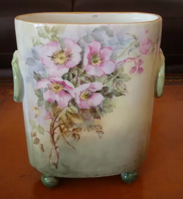 Antique Limoges W. Guerin Hand Painted Cachepot Vase, Floral, Wild Roses, 8"