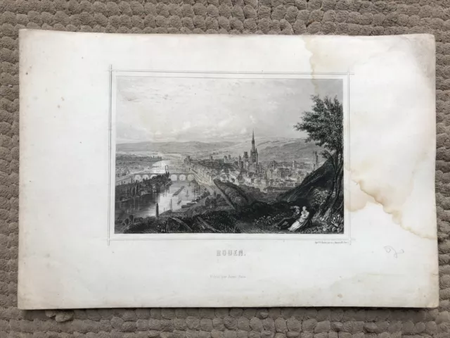 XIX litho GRAVURE ORIGINALE Vue Générale de ROUEN Chardon FURNE