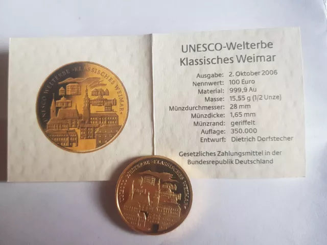 100 euro Goldmünze Gold Deutschland UNESCO Welterbe klassisches Weimar 2006