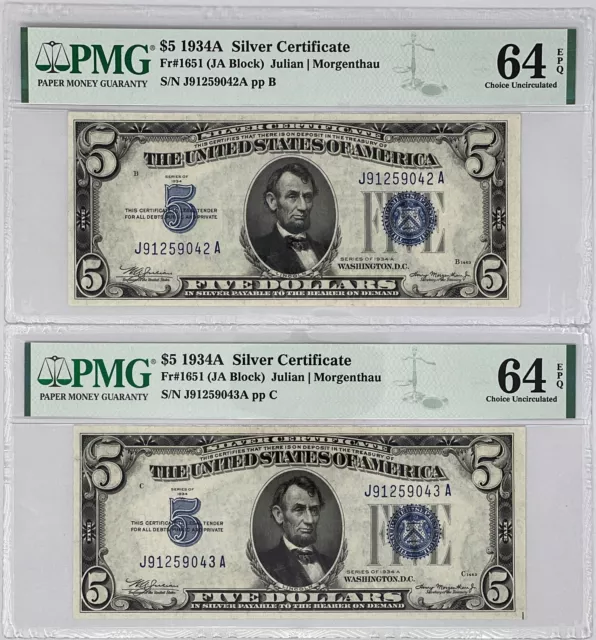 1934-A $5.00 Silver Certificate Consecutive Pair, Fr. 1651, PMG 64-EPQ-Choice CU