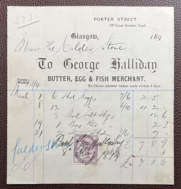 1894 George Halliday, Butter, Egg & Fish Merchant, Porter Street Glasgow Invoice