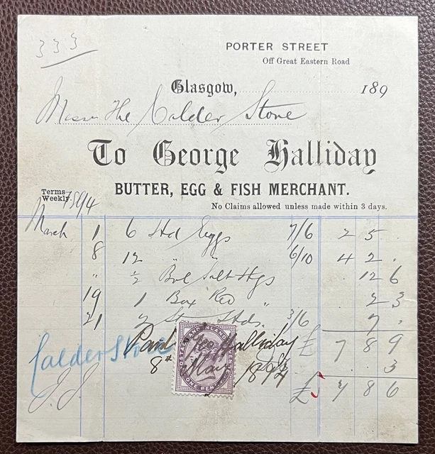 1894 George Halliday, Butter, Egg & Fish Merchant, Porter Street Glasgow Invoice