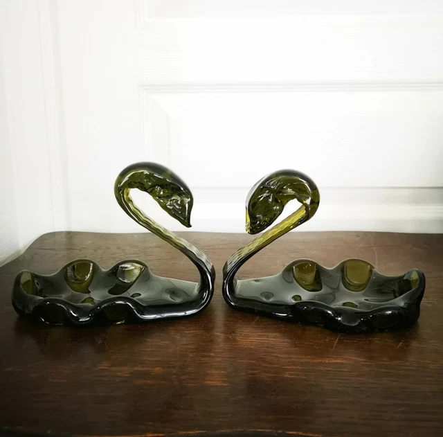 Ancien Vintage Magnifique Couple De Cygnes En Verre Vide Poche Déco 16x12cm TBE