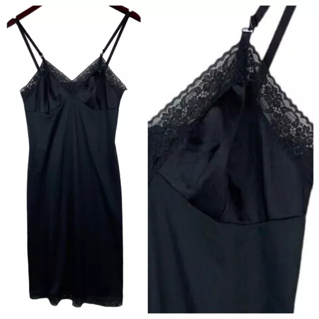 Vtg 70s 80s Vanity Fair 32 (L)  Nightgown Chemise Slip Lingerie Black Lace    aa