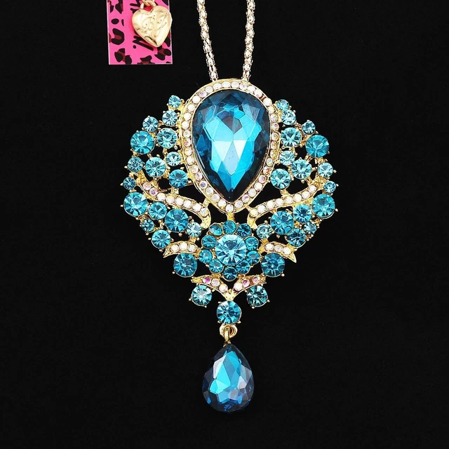 Crystal Betsey Johnson Rhinestone Big Flower Teardrop Pendant Chain Necklace