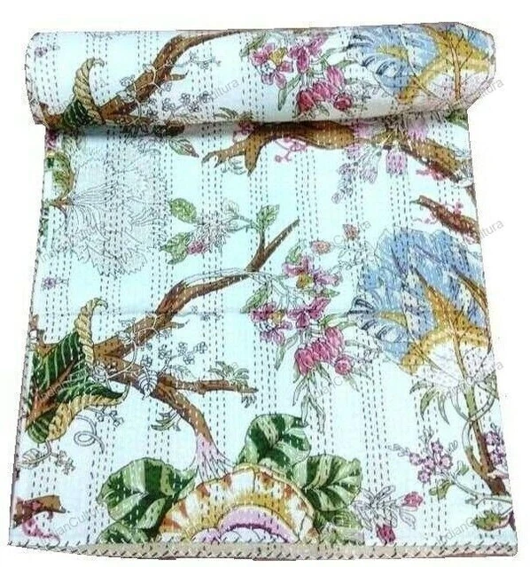 Couverture (jeté) Queen Taille En Coton Kantha Brodé Main - Motif Fleurs Bohème Hippie - Blanc - Neuf Sans étiquette