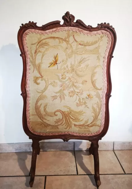 Ancien Pare Feu en Bois avec Tapisserie motif Papillon Écran de Cheminée Antique