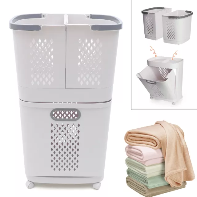 Washing Clothes Trolley Off-White Cart Basket Storage Drawer w/Wheel Laundry