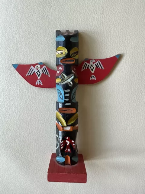 Hand Carved Hand Painted Wood Souvenir Totem Pole 6.5" X 5.25" vintage  1950s