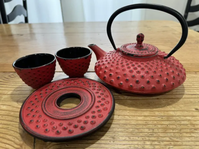 Japanese Tetsubin Cast Iron Teapot Tea Kettle Set Pot Red Hobnail Strainer