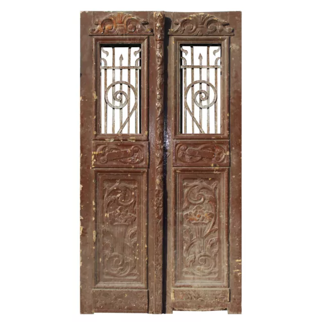 Salvaged Pair of Antique 42” French Colonial Doors with Iron Inserts, NED1356
