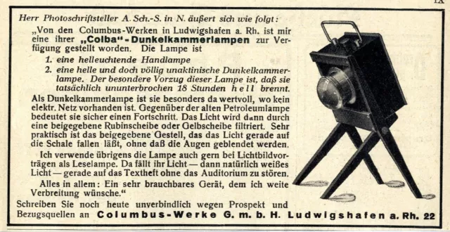 Columbus- Werke Ludwigshafen Colba- Dunkelkammerlampen Historische Annonce 1929