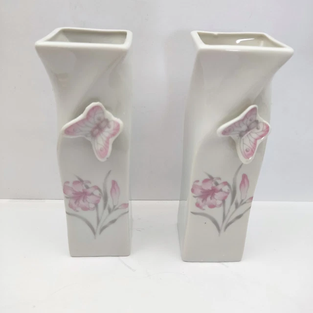 Vase Soliflore Porcelaine - Décor Fleurs Et Papillon - Bergère De France - Occasion