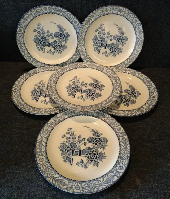 Set Of 6 Wood & Sons Blue And White Plates Wincanton 23cm Diameter Woods Ware