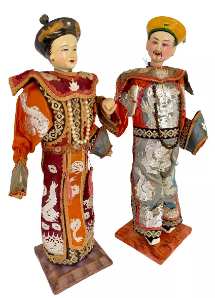 Antique Chinese Emperor & Empress Opera Dolls in Silk Embroidered Robes 12"