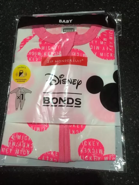 Bonds Disney Mickey Mouse Heads Wondersuit 3-6 Mths BNWT Fluro Pink