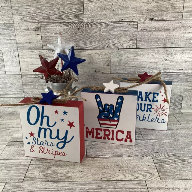 AGD Patriotic Decor - July 4th Chunky Wood Blocks and Milk Can 4pc Set