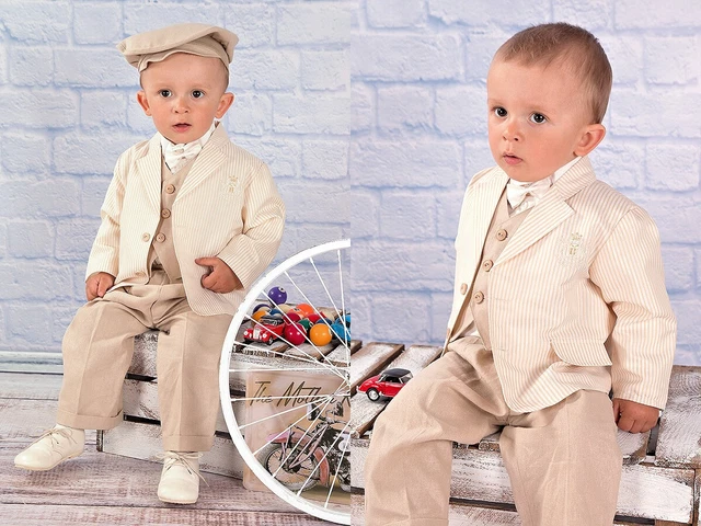 ABITO DA BATTESIMO (6pz) maschietto vestito cerimonia lino BEIGE PANNA cod 328