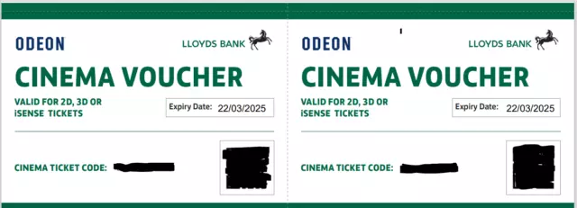 2 x Club Lloyds Odeon Cinema Tickets for iSense 2D 3D Films expiry 22/03/2025