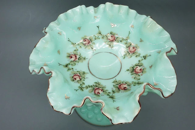 Vintage Fenton Charleton Rose Green Pastel Hobnail Comport Hand Painted AWCO