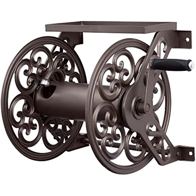 Steel trim wall mount Garden hose reel, holding 125 feet of 5/8 inch hose bronze