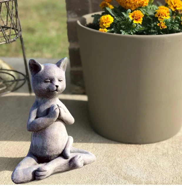 Cat Buddha Meditating Statue Zen Figurine Desk Outdoor Garden Lotus Pose Decor